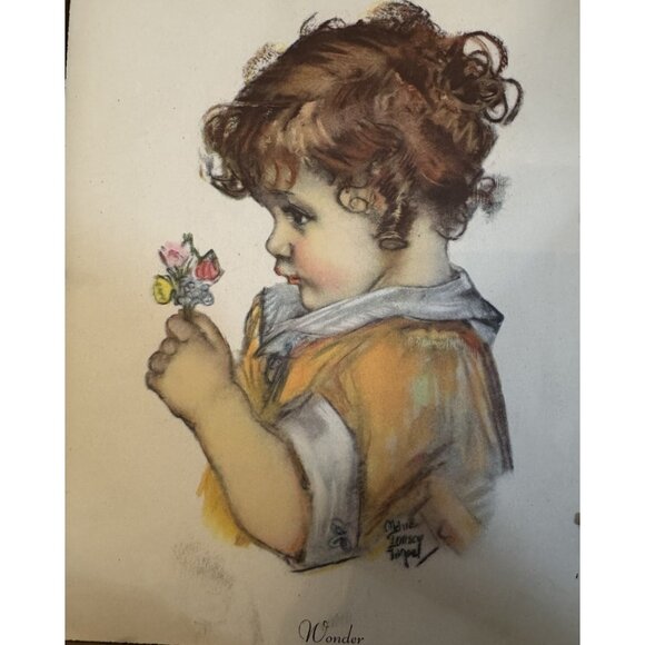 1920s Maud Tousey Wonder & Teething Print - Red Hair Girl W/flowers Boy W/orange - Picture 1 of 8